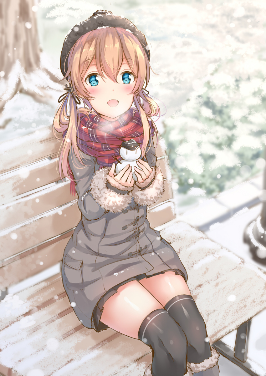 alternate_costume anchor_hair_ornament bench black_legwear blonde_hair blue_eyes hair_ornament hat highres kantai_collection long_hair looking_at_viewer low_twintails open_mouth outdoors plaid plaid_scarf prinz_eugen_(kantai_collection) scarf snowman solo thighhighs twintails winter_clothes yukishiro_arute