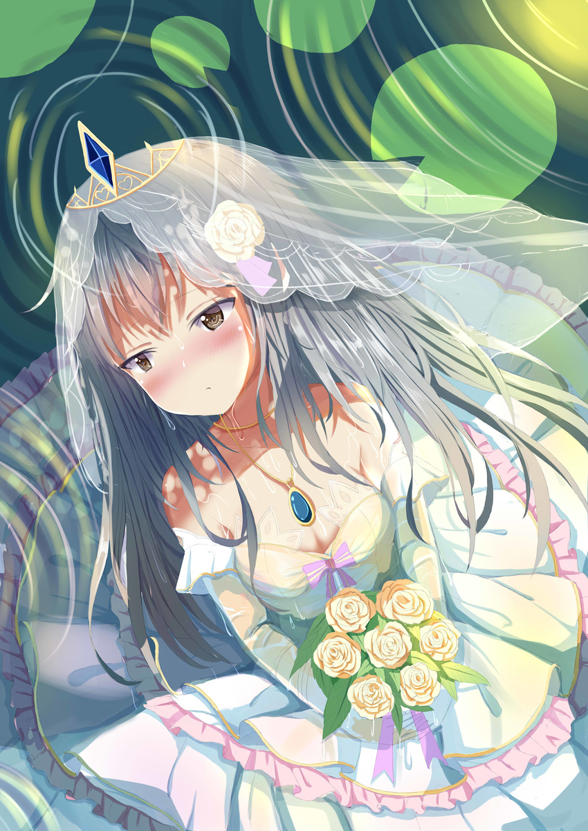 absurdres bangs blush bouquet bow bow_dress breasts bridal_veil cleavage closed_mouth collarbone commentary_request crossed_bangs detached_sleeves dress elbow_gloves eyebrows_visible_through_hair eyes_visible_through_hair flower frilled_dress frilled_sleeves frills g11_(girls_frontline) girls_frontline gloves hair_flower hair_ornament half-closed_eyes highres holding holding_bouquet jewelry lily_pad long_hair looking_away medium_breasts natsuki_(digretking) necklace pendant reflection ribbon ripples rose sidelocks silver_hair standing standing_on_liquid tiara veil very_long_hair water wedding wedding_dress wet wet_clothes white_flower white_gloves white_rose