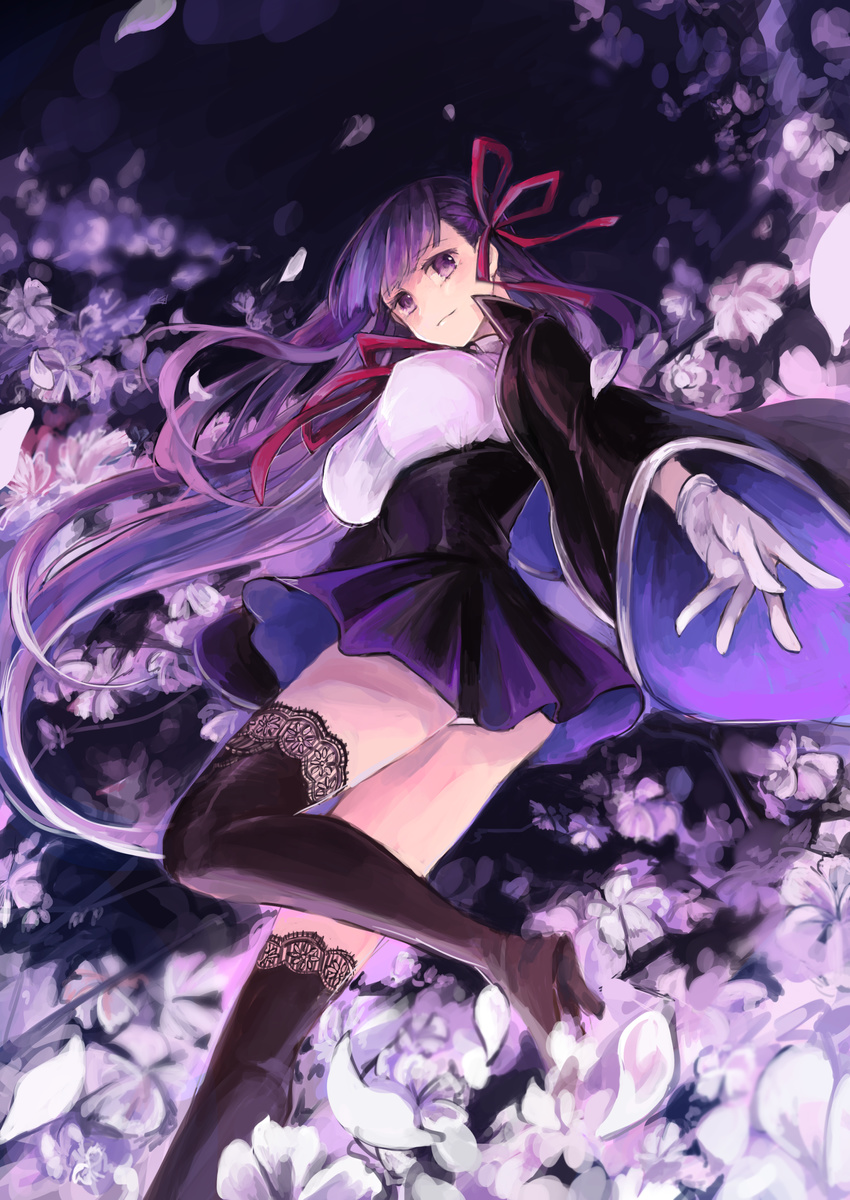 absurdres bb_(fate)_(all) bb_(fate/extra_ccc) black_legwear breasts commentary fate/extra fate/extra_ccc fate_(series) flower from_below gloves hair_ribbon high-waist_skirt high_heels highres lace lace-trimmed_thighhighs large_breasts leg_up long_hair looking_back looking_down mitu-yuki panties pantyshot pantyshot_(standing) pleated_skirt purple_eyes purple_hair red_ribbon ribbon shirt skirt solo standing taut_clothes taut_shirt thighhighs underwear very_long_hair white_gloves white_panties wide_sleeves wind