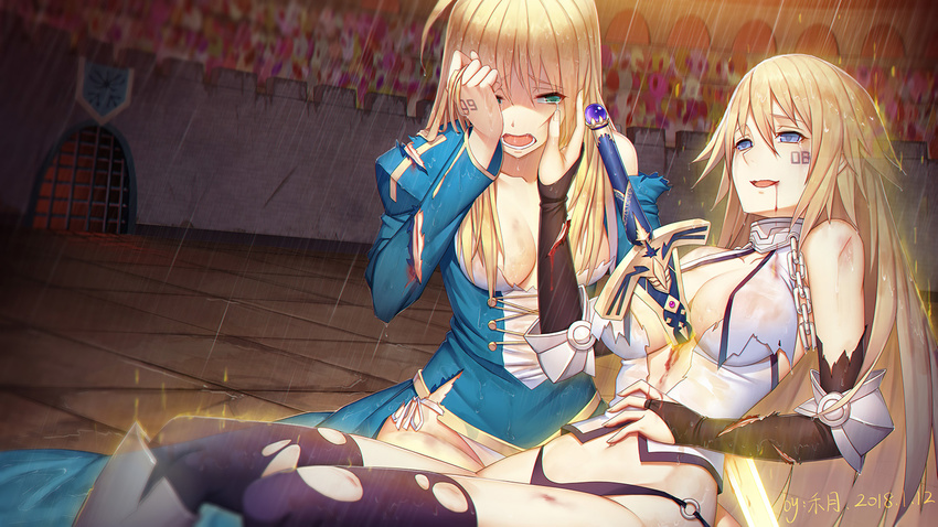2girls artoria_pendragon_(all) black_legwear black_panties blonde_hair blood blue_eyes breasts caliburn cleavage commentary dated excalibur fate/apocrypha fate/grand_order fate/stay_night fate_(series) green_eyes hand_on_another's_cheek hand_on_another's_face impaled injury jeanne_d'arc_(fate) jeanne_d'arc_(fate)_(all) long_hair medium_breasts multiple_girls number o-ring o-ring_bottom o-ring_panties open_mouth panties rain saber side-tie_panties smile tears thighhighs torn_clothes torn_legwear ttheyue underwear white_panties