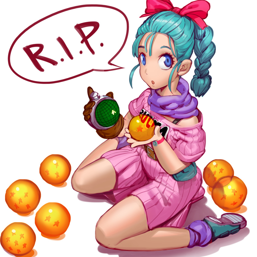 :o absurdres bare_legs blue_eyes blue_footwear blue_hair bow braid brown_gloves bulma character_name clothes_writing dragon_ball dragon_ball_(classic) dragon_ball_(object) full_body gloves hair_bow highres holding jojaow pink_shirt pink_skirt ponytail red_bow shirt shoes short_hair simple_background single_glove sitting skirt socks solo speech_bubble tsuru_hiromi wariza white_background