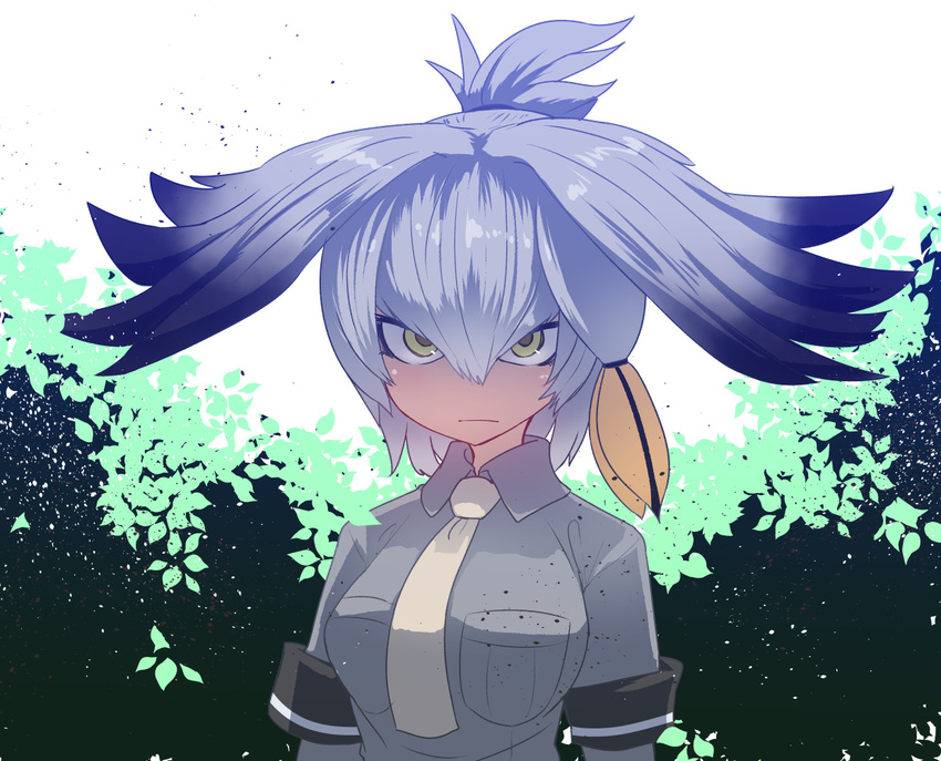 bangs bird_wings black_gloves black_hair bodystocking breast_pocket breasts closed_mouth collared_shirt dress_shirt expressionless feathered_wings gloves green_eyes grey_shirt hair_between_eyes hair_ornament hair_tie head_wings kemono_friends long_hair looking_at_viewer low_ponytail medium_breasts multicolored_hair necktie orange_hair outdoors pocket serious shirt shoebill_(kemono_friends) short_sleeves side_ponytail silver_hair sleeve_cuffs solo sumiyao_(amam) tsurime two-tone_hair upper_body white_neckwear wing_collar wings