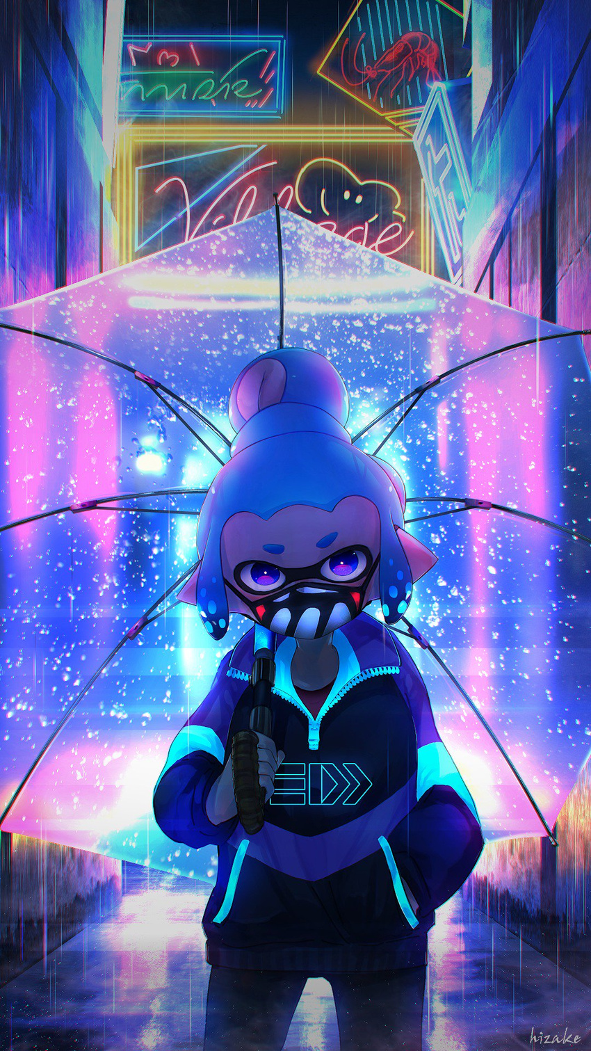 backlighting black_jacket black_pants blue_eyes blue_hair brown_shirt clothes_writing commentary_request cowboy_shot domino_mask face_mask hand_in_pocket highres holding holding_umbrella inkling inkling_(language) jacket kashu_(hizake) long_sleeves looking_at_viewer mask monster_girl neon_lights night night_sky outdoors pants pointy_ears rain see-through shirt short_eyebrows short_hair sidelocks signature sky solo splatoon_(series) splatoon_2 standing tentacle_hair topknot transparent transparent_umbrella umbrella unzipped water_drop zipper zipper_pull_tab