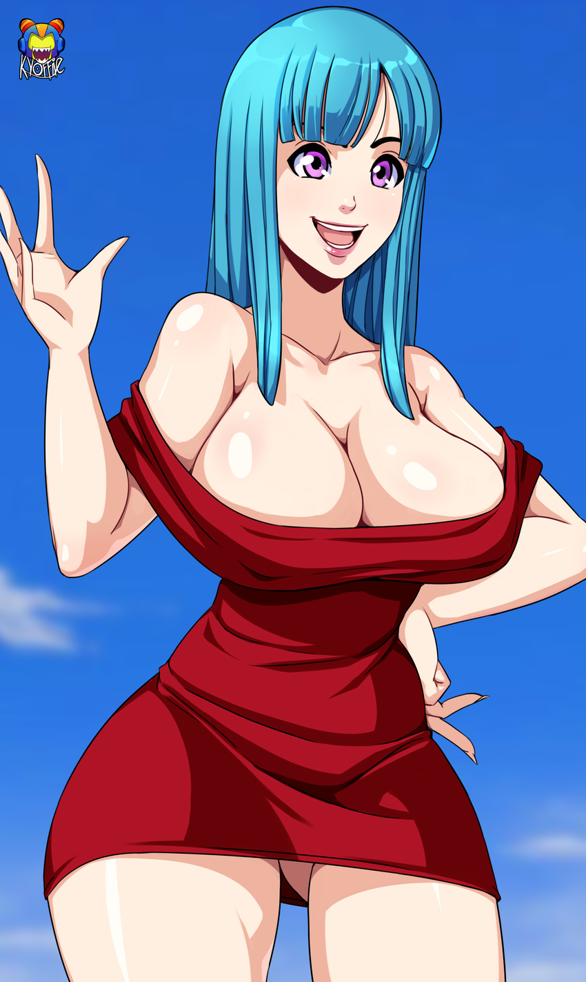 bare_arms bare_shoulders bare_thighs blue_hair blush breasts cleavage clouds curvy dragon_ball dragonball_z dress female hips kyoffie12 large_breasts maron_(dragon_ball) open_mouth outdoors outside purple_eyes red_dress sky smile solo teeth thick_thighs thighs tongue wide_hips