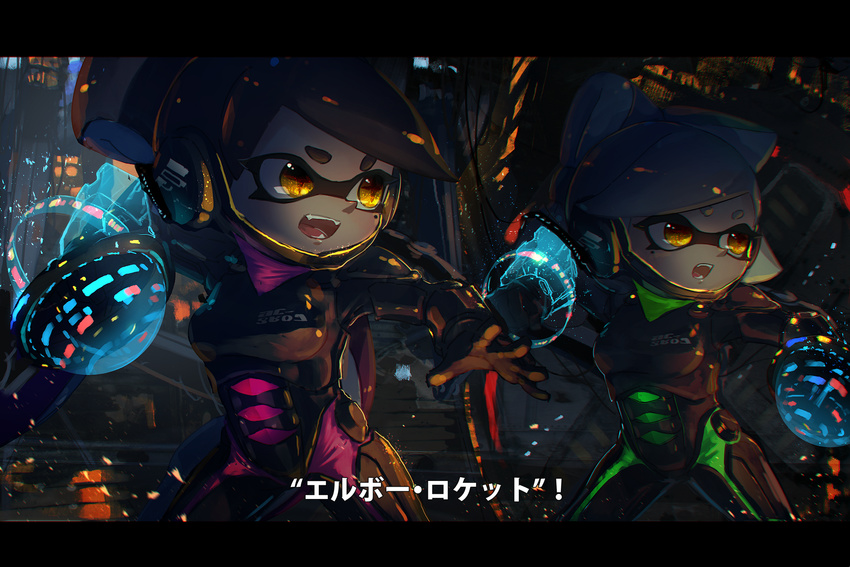 2girls alternate_costume aori_(splatoon) arm_up armor black_armor black_gloves black_hair bodysuit breasts cable clenched_hand commentary_request cousins cowboy_shot domino_mask drivesuit fangs fighting_stance gloves glowing green_bodysuit grey_hair headgear highres hotaru_(splatoon) inkling_(language) kashu_(hizake) legs_apart letterboxed light_particles long_hair looking_away mask medium_hair mole mole_under_eye monster_girl motion_blur multiple_girls open_mouth pacific_rim pink_bodysuit science_fiction serious shiny shiny_hair short_eyebrows shouting small_breasts sparks splatoon_(series) splatoon_1 stairs standing tentacle_hair translation_request yellow_eyes