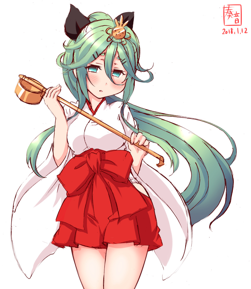 artist_logo black_ribbon crown dated green_eyes green_hair hair_between_eyes hair_ornament hair_ribbon hakama highres hinamatsuri japanese_clothes kanon_(kurogane_knights) kantai_collection ladle long_hair miko open_mouth ponytail red_hakama ribbon saishi skirt skirt_set solo wide_sleeves yamakaze_(kantai_collection)