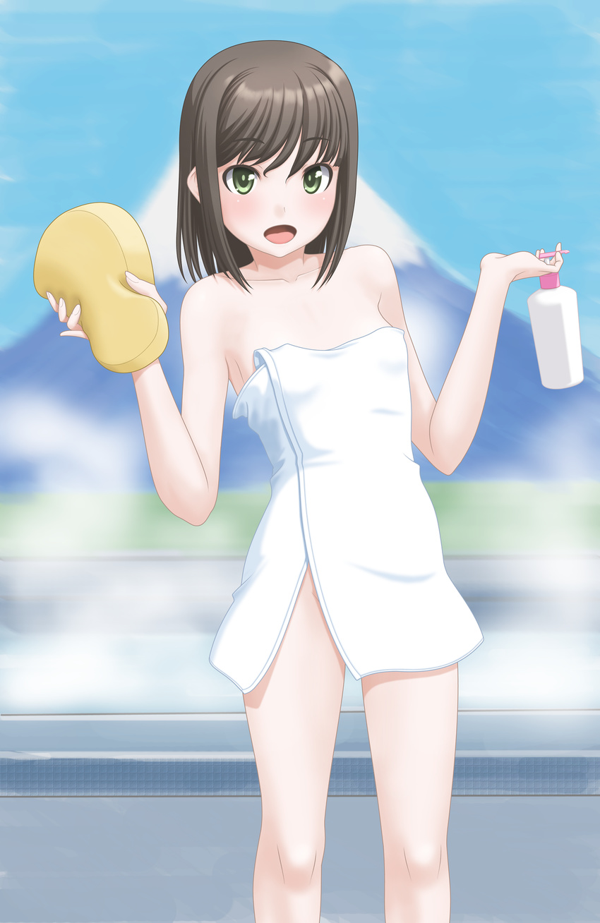 alternate_hairstyle bathtub black_hair bottle commentary_request cowboy_shot fubuki_(kantai_collection) green_eyes hair_down highres kantai_collection long_hair looking_at_viewer medium_hair mount_fuji naked_towel open_mouth solo sponge standing steam t2r towel volcano