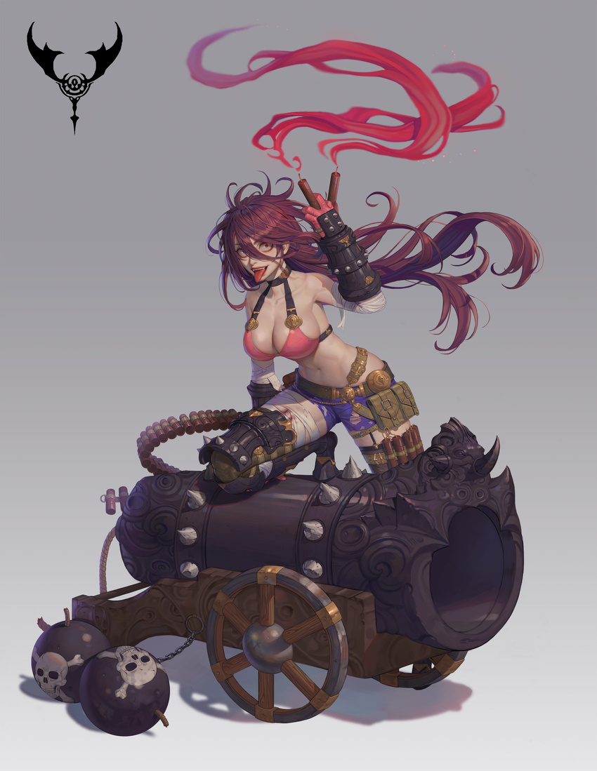 absurdres armor bandages bikini_top buckle cannon crazy_eyes fang gloves highres long_hair open_mouth purple_hair red_eyes short_shorts shorts solo tongue tongue_out vambraces zero_q_0q