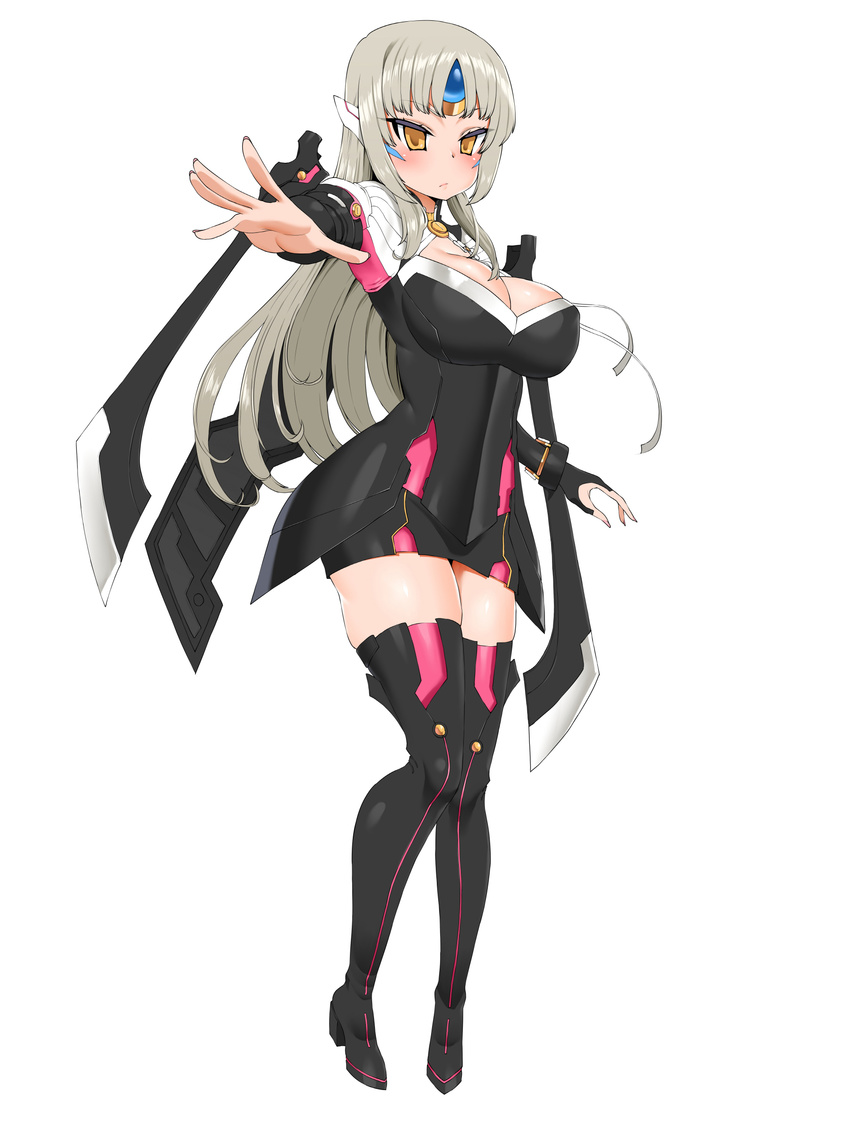 absurdres black_legwear blush boots breasts cleavage code:_nemesis_(elsword) elsword eve_(elsword) grey_hair headgear high_heels highres large_breasts long_hair looking_at_viewer nail_polish pink_nails simple_background smh1069 solo thigh_boots thighhighs white_background yellow_eyes