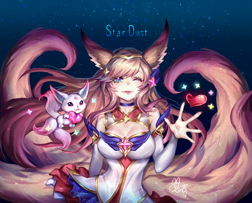 1girl ahri alternate_costume alternate_hair_color animal_ears bare_shoulders breasts familiar fangs fox_ears fox_tail large_breasts league_of_legends long_hair magical_girl nail_polish peach_hair purple_eyes skirt smile solo star_guardian_ahri tiara wink