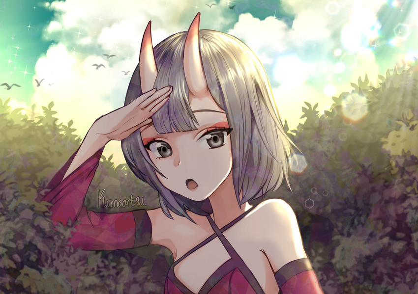 :o artist_name bangs bare_shoulders bird breasts bush cloud commentary day detached_sleeves dress english_commentary grey_eyes grey_hair hand_up highres horns kumaartsu large_breasts lens_flare looking_at_viewer open_mouth original outdoors red_dress salute short_hair sky solo sunlight upper_body wide_sleeves