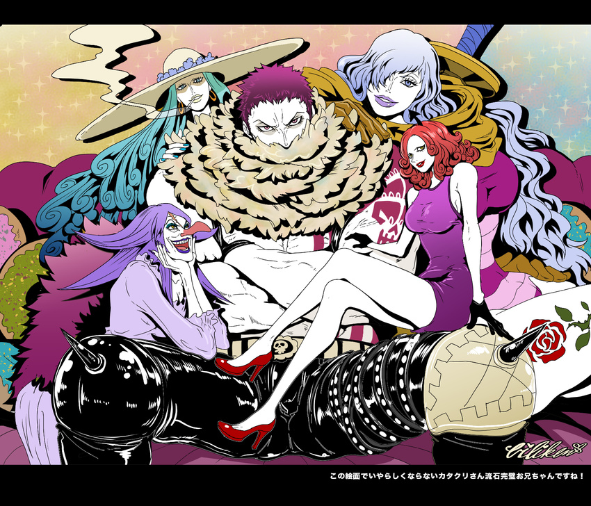 4girls aqua_eyes aqua_hair arm_tattoo artist_name bare_arms bare_chest bare_legs bare_shoulders belt belt_buckle biliken black_gloves brother_and_sister buckle charlotte_amande charlotte_brulee charlotte_galette charlotte_katakuri charlotte_smoothie chest chest_tattoo cigarette couch covered_mouth crossed_arms crossed_legs curly_hair doughnut dress earrings flower_tattoo food gloves hair_over_one_eye hand_on_another's_shoulder hand_on_hip hands_up hat head_rest head_tilt high_heels highres hoop_earrings jewelry lavender_eyes lavender_hair leather leather_pants leg_tattoo letterboxed lips long_dress long_hair long_nose looking_at_another looking_at_viewer mouth_hold multiple_girls no_shirt on_couch one_piece open_clothes open_mouth open_vest pants parted_lips pink_eyes purple_hair purple_legwear purple_lips red_footwear red_hair red_lips scar scarf short_dress short_hair siblings signature sisters sitting sitting_on_lap sitting_on_person size_difference skull sleeveless sleeveless_dress smile smoking sparkle_background spikes spread_legs sun_hat tattoo tsurime very_long_hair very_short_hair vest weapon weapon_on_back white_skin yellow_eyes