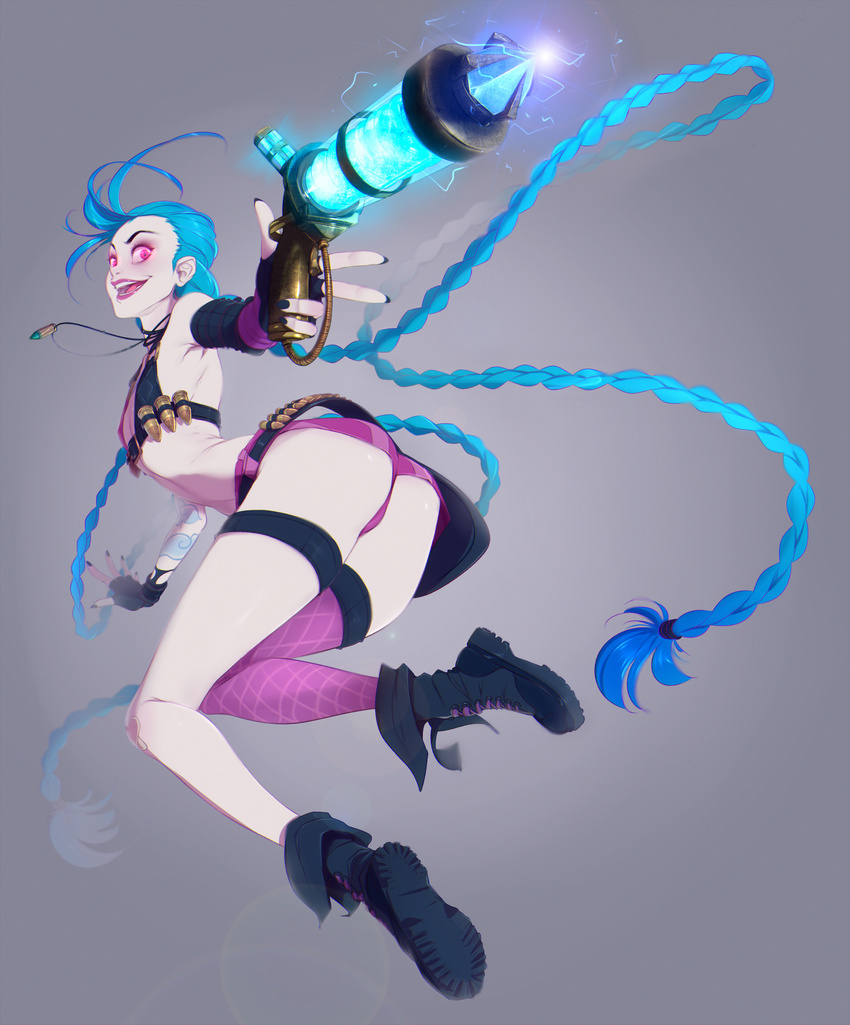 ass bikini_top blue_hair braid breasts bullet fingerless_gloves flat_chest gloves highres jinx_(league_of_legends) league_of_legends long_hair makeup pink_eyes short_shorts shorts single_thighhigh small_breasts solo sticky_(stickysheep) tattoo thighhighs twin_braids very_long_hair