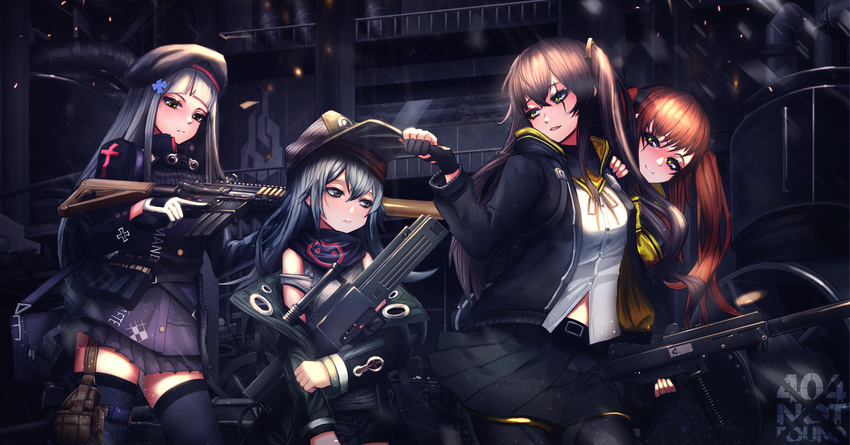 :3 absurdres ammunition ammunition_pouch armband assault_rifle bangs belt beret black_legwear blunt_bangs blush breasts brown_eyes brown_hair buckle buttons clothes_writing collared_jacket combat_knife commentary_request crossed_bangs derk factory fingerless_gloves floating_hair g11 g11_(girls_frontline) german girls_frontline gloves green_eyes green_jacket grey_shirt gun h&amp;k_ump45 hair_between_eyes hair_ornament hairclip half-closed_eyes hand_on_another's_shoulder handgun hat heckler_&amp;_koch highres hk416 hk416_(girls_frontline) holding holding_gun holding_weapon holster hood hooded_jacket indoors iron_cross jacket knife knife_holster light_particles long_hair long_sleeves looking_at_another looking_at_viewer looking_back magazine_(weapon) medium_breasts midriff_peek multiple_girls night one_side_up open_clothes open_jacket open_mouth outdoors pantyhose parted_lips plaid plaid_skirt pleated_skirt pouch railing ribbon rifle sangvis_ferri scar scar_across_eye scarf scarf_on_head shirt shorts shoulder_cutout sidelocks silver_hair skirt smile snowing submachine_gun thigh_holster thigh_strap thighhighs thighs trigger_discipline twintails ump45_(girls_frontline) ump9_(girls_frontline) very_long_hair walking weapon weapon_bag white_hair white_shirt wind wind_lift yellow_eyes zettai_ryouiki