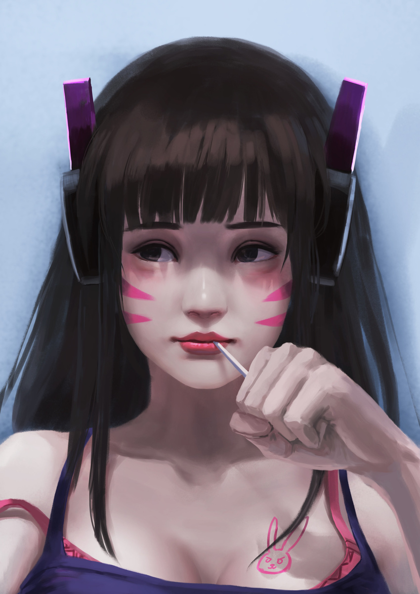 absurdres allen_hsieh arm_up bangs black_hair blue_background blue_shirt blunt_bangs bodypaint bra breasts brown_hair bunny_symbol candy casual cleavage clenched_hand d.va_(overwatch) facepaint food headset highres holding holding_lollipop light_smile lips lollipop long_hair looking_to_the_side medium_breasts overwatch pink_bra shirt solo strap_slip tank_top underwear whisker_markings