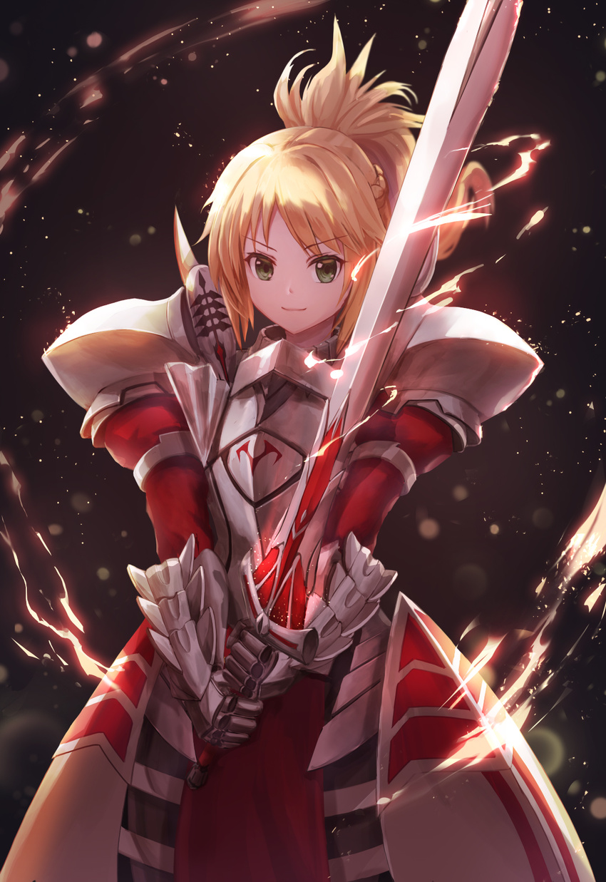 armor bangs black_background blonde_hair blurry braid breastplate clarent closed_mouth depth_of_field electricity eyebrows_visible_through_hair fate/apocrypha fate_(series) faulds fighting_stance floating_hair french_braid gauntlets glowing glowing_weapon green_eyes high_ponytail highres holding holding_sword holding_weapon juliet_sleeves light_particles long_hair long_sleeves looking_at_viewer lunacle mordred_(fate) mordred_(fate)_(all) pauldrons pelvic_curtain ponytail puffy_sleeves sidelocks smile solo standing sword two-handed v-shaped_eyebrows weapon