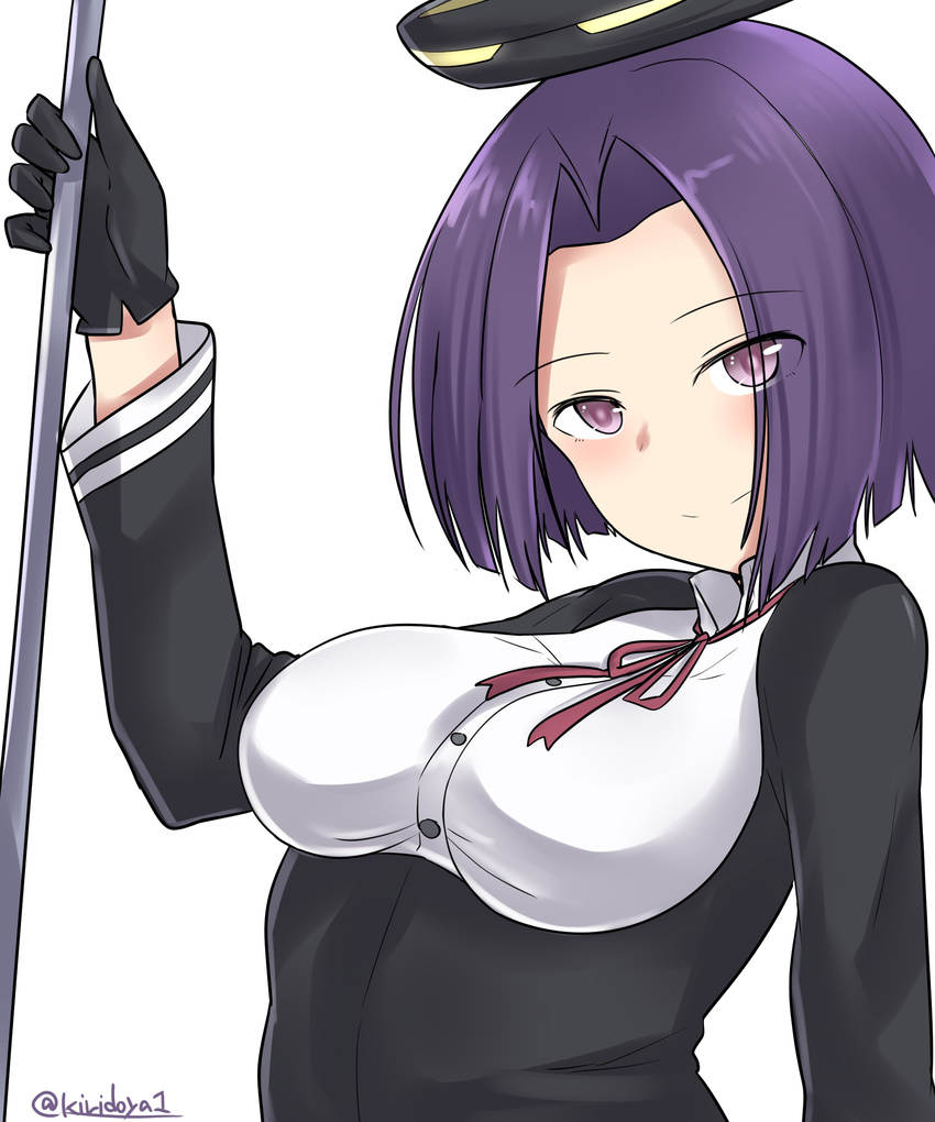 absurdres breasts glaive gloves headgear highres kantai_collection kiritto large_breasts looking_at_viewer mechanical_halo neck_ribbon purple_eyes purple_hair ribbon school_uniform short_hair simple_background smile solo tatsuta_(kantai_collection) twitter_username white_background