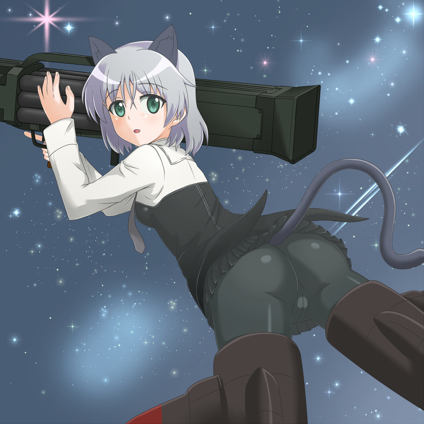 animal_ears ass black_legwear blush breasts cat_ears green_eyes highres looking_at_viewer looking_back night night_sky nomad_(mjauharazhar) pantyhose sanya_v_litvyak short_hair skirt sky small_breasts smile solo star star_(sky) starry_sky strike_witches tail white_hair world_witches_series