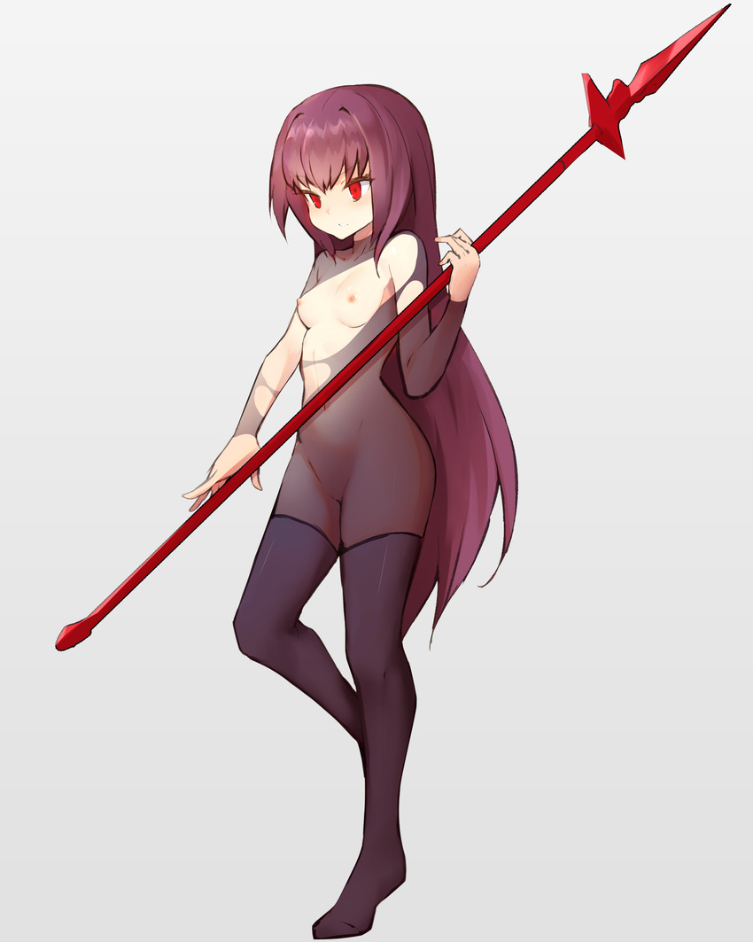 absurdres breasts fate/grand_order fate_(series) full_body gae_bolg highres holding holding_weapon long_hair navel nipples nude purple_eyes purple_hair purple_legwear scathach_(fate)_(all) scathach_(fate/grand_order) small_breasts solo standing thighhighs uncensored very_long_hair waero weapon younger