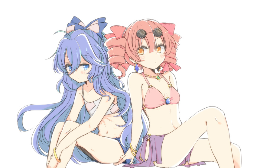 aoi_(annbi) bangle bare_arms bare_shoulders bikini_top blue_bow blue_eyes blue_hair bow bracelet breasts commentary_request drill_hair earrings eyewear_on_head hair_between_eyes hair_bow jewelry knee_up long_hair looking_at_viewer multiple_girls necklace o-ring o-ring_bikini o-ring_top orange_eyes pink_bikini_top pink_hair red_bow sarong siblings simple_background sisters sitting sketch small_breasts sunglasses touhou twin_drills very_long_hair wavy_hair white_background yorigami_jo'on yorigami_shion