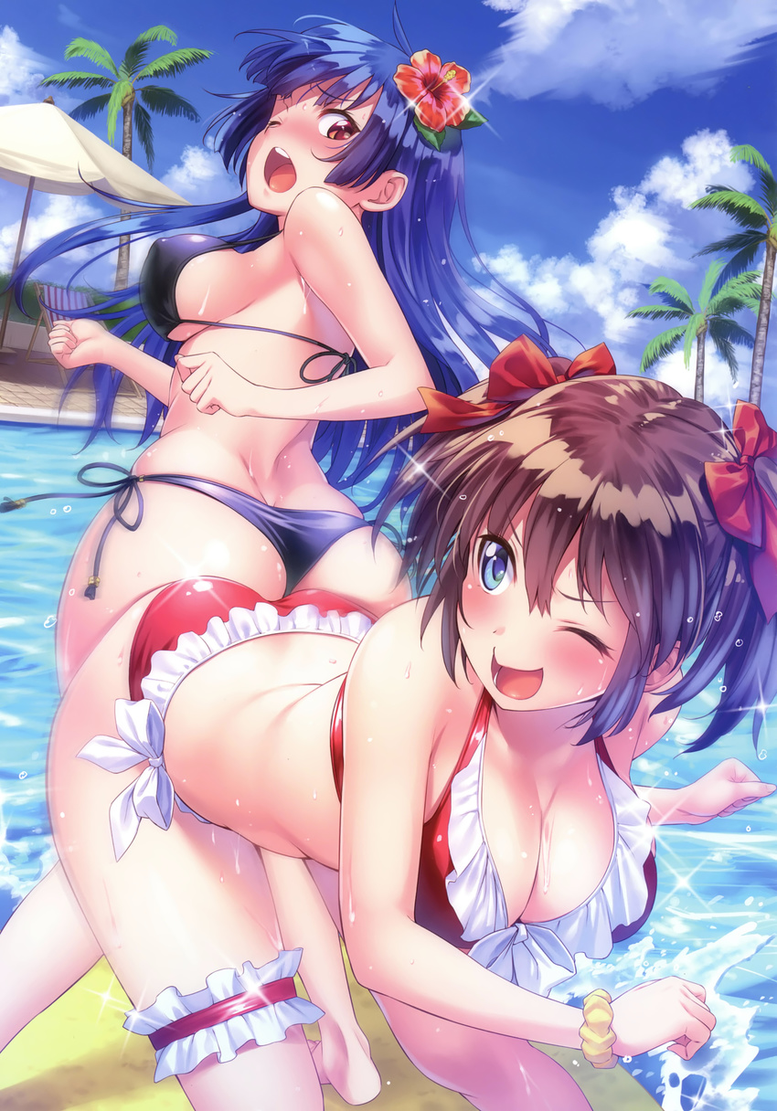 :d ;o absurdres ass ass-to-ass bent_over bikini black_bikini blue_hair blue_sky blush bow breasts brown_hair cleavage day flower frill_trim frilled_bikini frills hair_bow hair_flower hair_ornament highres large_breasts leg_garter multiple_girls one_eye_closed open_mouth original outdoors red_bikini scan scrunchie short_twintails side-tie_bikini sideboob sky smile sparkle swimsuit tenkuu_nozora twintails wet wince wrist_scrunchie yellow_scrunchie