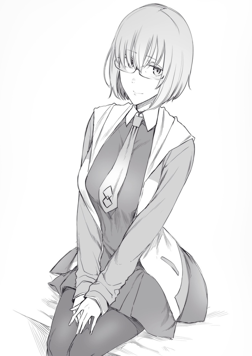 blush commentary eyebrows_visible_through_hair fate/grand_order fate_(series) glasses greyscale hair_over_eyes highres hood hood_down hoodie long_sleeves mash_kyrielight monochrome nakamura_regura necktie own_hands_together pantyhose pleated_skirt short_hair simple_background sitting skirt smile solo white_background