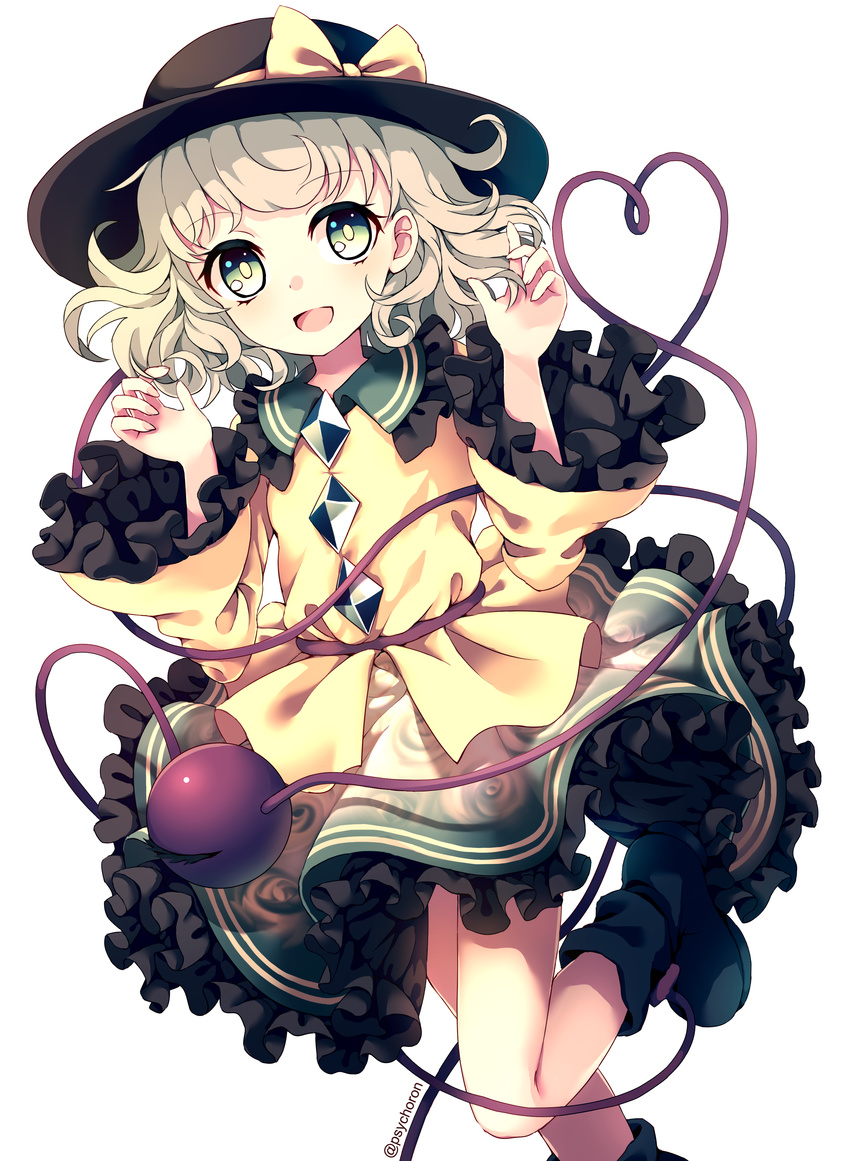 absurdres bow dise eyebrows_visible_through_hair green_eyes green_footwear green_skirt hat hat_bow heart heart_of_string highres komeiji_koishi long_sleeves looking_at_viewer open_mouth shirt silver_hair skirt smile solo standing standing_on_one_leg third_eye touhou wavy_hair white_background wide_sleeves yellow_bow yellow_shirt