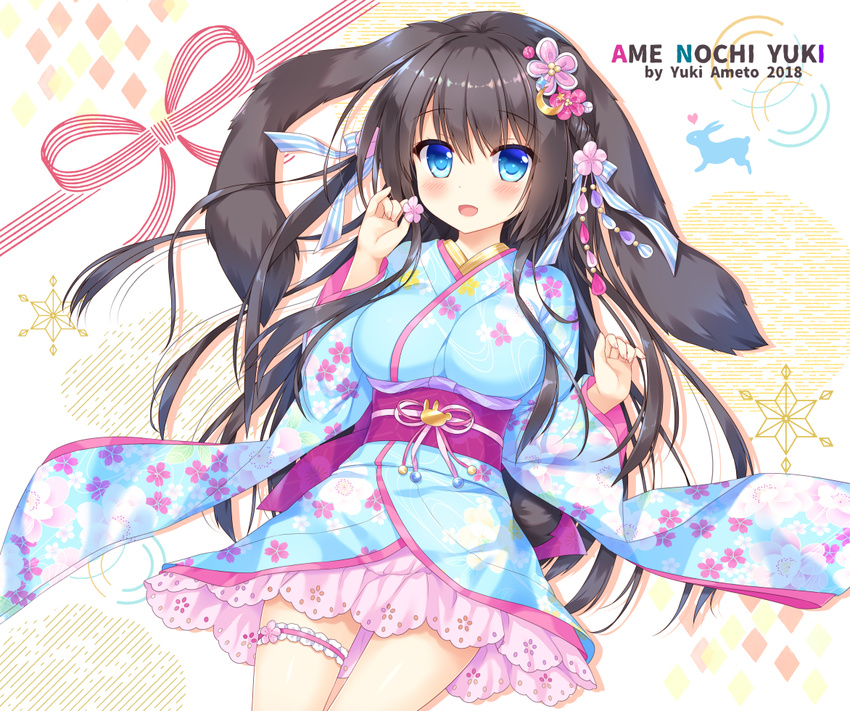 2018 :d ameto_yuki animal_ears artist_name bangs black_hair blue_eyes blue_kimono blush bow breasts bunny_ears bunny_girl bunny_tail commentary_request eyebrows_visible_through_hair fingernails floral_print flower hair_between_eyes hair_bow hair_flower hair_ornament japanese_clothes kimono large_breasts long_hair long_sleeves looking_at_viewer noir_(ameto_yuki) obi open_mouth original pink_flower print_kimono sash short_kimono smile solo striped striped_bow tail very_long_hair wide_sleeves