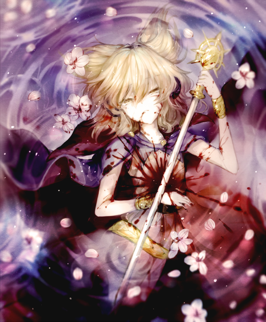blonde_hair blood blood_on_face blood_splatter bloody_clothes bracelet cape earmuffs flower highres huang_li_ling injury jewelry looking_at_viewer lying on_back partially_submerged petals short_hair sleeveless solo sword touhou toyosatomimi_no_miko water weapon yellow_eyes