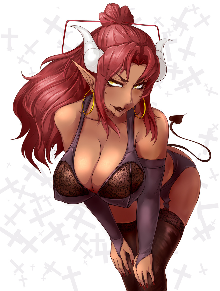 arm_warmers breasts brown_lipstick cleavage covered_nipples dark_skin demon_girl demon_tail earrings garter_belt hair_in_mouth hair_ribbon highres hoop_earrings horns jewelry large_breasts leaning_forward lingerie lipstick long_hair looking_at_viewer makeup mole mole_under_mouth nail_polish nofuture original pointy_ears red_hair red_nails ribbon skindentation solo standing succubus tail tan underwear yellow_eyes