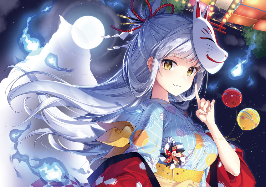 balloon blue_fire blue_kimono breasts fingernails fire floating_hair fox_mask full_moon half_updo highres index_finger_raised japanese_clothes kimono large_breasts long_hair looking_at_viewer mask masuishi_kinoto moon night night_sky obi original outdoors sash shide silver_hair sky smile solo star_(sky) starry_sky torii upper_body wide_sleeves yellow_eyes