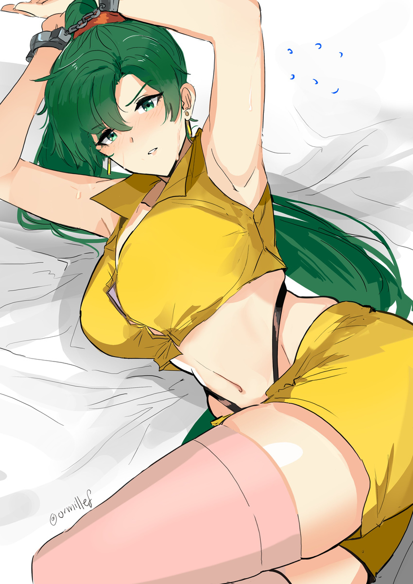 absurdres breasts cleavage cosplay cowboy_bebop cuffs earrings faye_valentine faye_valentine_(cosplay) fire_emblem fire_emblem:_rekka_no_ken green_eyes green_hair hairband handcuffs high_ponytail highres huge_breasts jewelry long_hair looking_at_viewer lyndis_(fire_emblem) navel ormille ponytail restrained seiyuu_connection solo thighhighs twitter_username wendee_lee white_background yellow_hairband