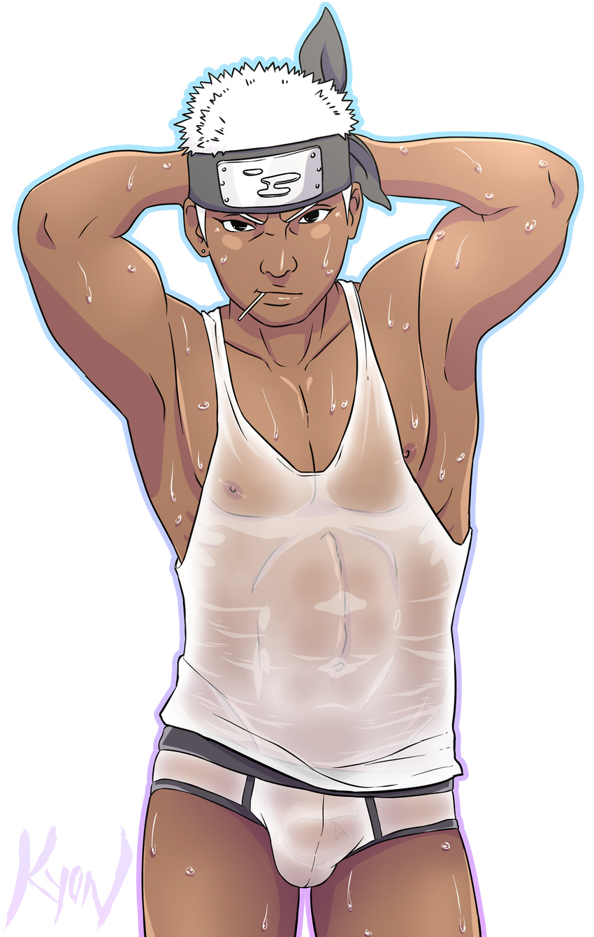 1boy abs bulge crotch dark-skinned_male headband kyon_(artist) male_focus muscle naruto omoi_(naruto) presenting silver_hair solo tagme underwear wet