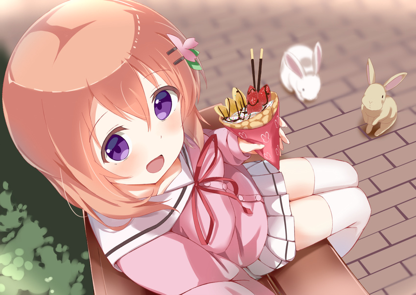 :d animal bangs bench blouse blush breasts bunny buttons chocolate collarbone commentary_request crepe eyebrows_visible_through_hair food from_above fruit gochuumon_wa_usagi_desu_ka? guraasan hair_between_eyes hair_ornament hairclip holding holding_food hoto_cocoa hoto_cocoa's_school_uniform long_sleeves looking_at_viewer neck_ribbon on_bench open_mouth orange_hair outdoors pink_blouse pleated_skirt pocky purple_eyes red_neckwear ribbon sailor_collar school_uniform serafuku short_hair sitting skirt small_breasts smile sprinkles strawberry thighhighs whipped_cream white_legwear white_sailor_collar white_skirt zettai_ryouiki