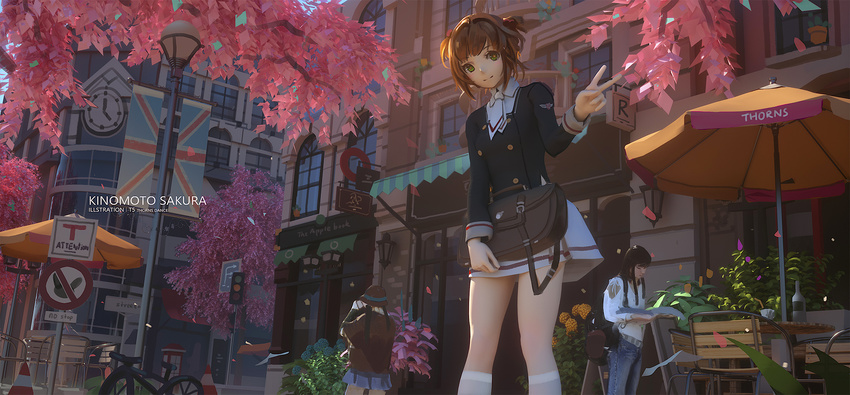 bag bangs bicycle blush brown_hair building buttons cardcaptor_sakura chair cherry_blossoms chinese_commentary city clock closed_mouth collar commentary_request day eyebrows_visible_through_hair flower green_eyes ground_vehicle highres hydrangea ibara_dance kinomoto_sakura lamppost long_sleeves looking_at_viewer necktie outdoors patio patio_umbrella road road_sign scenery school_uniform short_hair sidelocks sign skirt sleeve_cuffs smile socks street table traffic_cone traffic_light tree union_jack v white_legwear