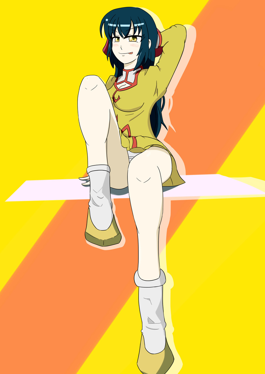 1girl 90s :d agent_aika artist_request bangs blue_hair breasts brown_eyes cleavage cleavage_cutout crotch curvy delmo eyebrows eyebrows_visible_through_hair female full_body golden_delmo hair_between_eyes hair_ornament hair_ribbon legs long_hair long_sleeves looking_at_viewer medium_breasts one_leg_raised panties pantyshot pantyshot_(sitting) petoriyacowa_rie pixiv shiny shiny_skin simple_background sitting skirt smile solo thighs tongue tongue_out underwear