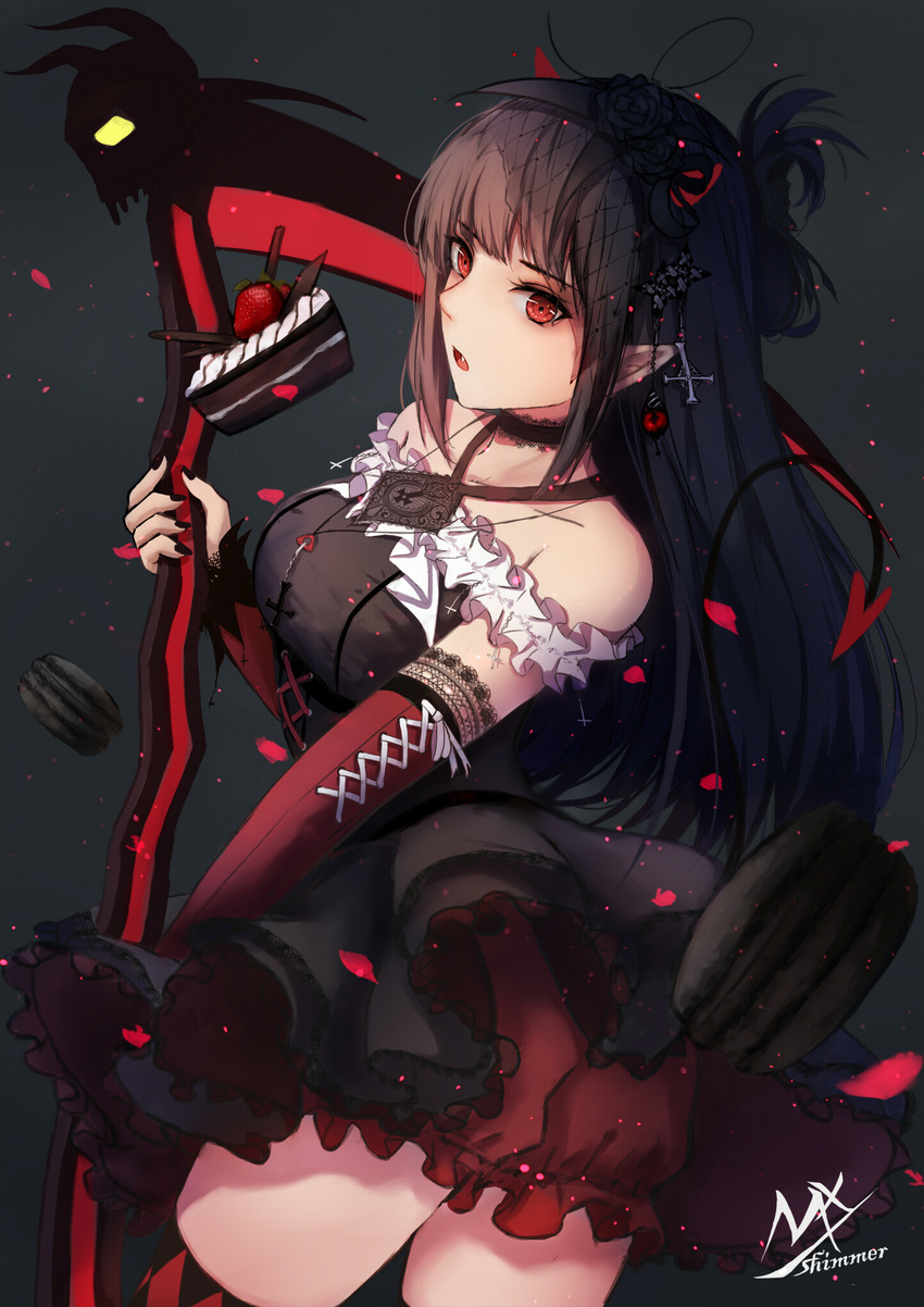 artist_name bangs bare_shoulders black_hair blunt_bangs cake choker commentary cross cross_necklace dark_background demon_girl detached_sleeves fangs fingernails food hair_ornament highres holding holding_weapon jewelry lace long_hair nail_polish necklace open_mouth original petals pointy_ears red_eyes scythe shimmer sidelocks signature solo thighhighs weapon zettai_ryouiki