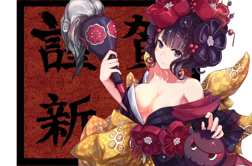 bare_shoulders black_hair black_kimono blue_eyes breasts calligraphy_brush commentary_request fate/grand_order fate_(series) flower hair_flower hair_ornament hairpin highres japanese_clothes katsushika_hokusai_(fate/grand_order) kimono looking_at_viewer medium_breasts new_year obi octopus paintbrush sash shionji_ax short_hair tokitarou_(fate/grand_order)