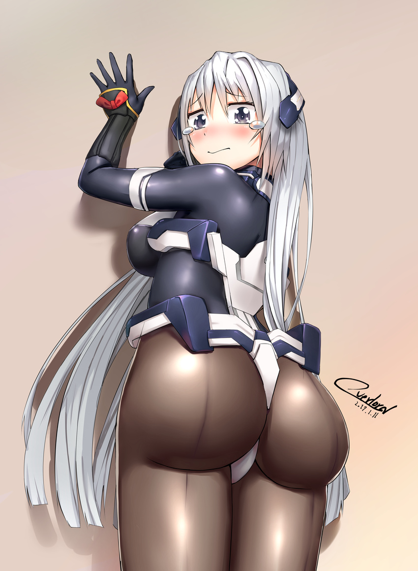 1girl against_wall armor artist_request ass blue_eyes blush bodysuit booty breasts curvy embarrassed female from_behind gloves headgear hips horizon_ariadust kyoukaisenjou_no_horizon large_ass long_hair looking_at_viewer looking_back medium_breasts pantyhose shiny shiny_clothes shiny_hair sideboob silver_hair solo teardrop tears thick_thighs thighs very_long_hair wide_hips