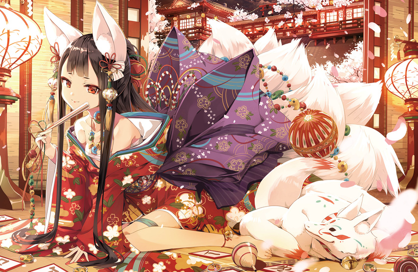 animal_ears architecture bangs bare_shoulders barefoot bell black_hair blunt_bangs cherry_blossoms closed_mouth collarbone cura east_asian_architecture fan floral_print folding_fan fox fox_ears fox_tail hair_ribbon highres holding japanese_clothes jingle_bell kimono kyuubi lamp lantern lipstick long_hair looking_at_viewer magatama makeup multiple_tails night ofuda original paper_lantern red_eyes red_kimono ribbon sarashi sidelocks sitting smile solo tail torii