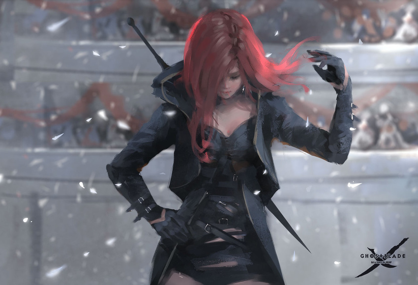 1girl black_gloves black_jacket character_request commentary earrings ghostblade gloves hand_up jacket jewelry long_hair looking_down red_hair solo wlop