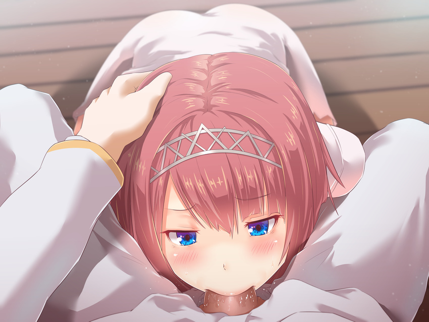 1girl absurdres ark_royal_(kantai_collection) ass blue_eyes blush bob_cut clothed_sex eyebrows_visible_through_hair fellatio hand_on_another's_head hetero highres jacket kantai_collection long_sleeves looking_at_viewer oral pants penis pov red_hair short_hair solo_focus tiara twinameless white_jacket white_pants wooden_floor