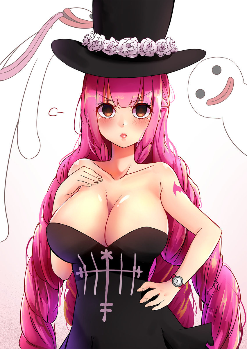 1girl bare_shoulders blush breasts brown_eyes cleavage dress flower ghost hat large_breasts lipstick long_hair looking_at_viewer makeup one_piece perona pink_hair solo