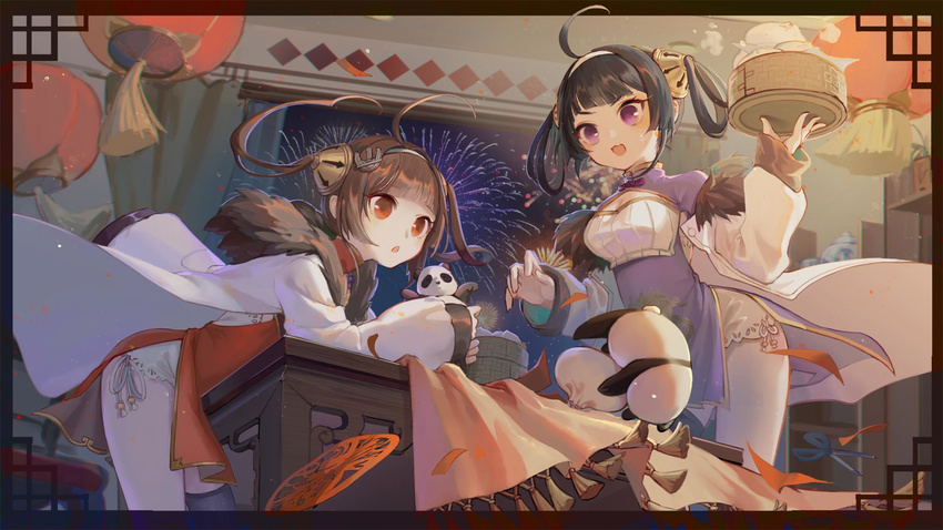 :d :o aerial_fireworks ahoge animal azur_lane bamboo_steamer bangs baozi black_hair black_legwear blunt_bangs brown_hair china_dress chinese_clothes commentary_request curtains dress fireworks food fur-trimmed_jacket fur_trim guan_tang_baozi hairband hairpods highres indoors jacket lantern long_hair long_sleeves multiple_girls night night_sky ning_hai_(azur_lane) open_clothes open_jacket open_mouth panda paper_lantern parted_lips pelvic_curtain ping_hai_(azur_lane) purple_dress purple_eyes red_dress red_eyes scissors single_thighhigh sky sleeves_past_wrists smile standing sweat table thighhighs twintails v-shaped_eyebrows white_hairband white_jacket window