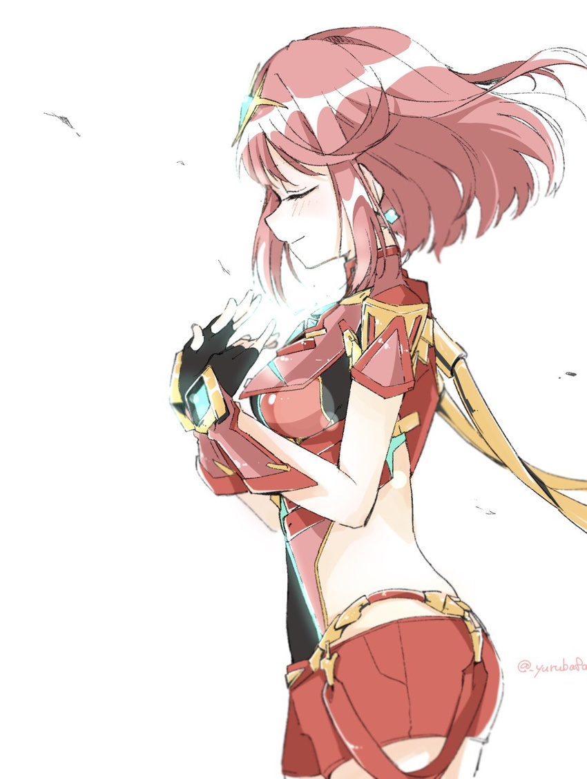 bafarin blush breasts covered_navel earrings fingerless_gloves gloves hair_ornament highres homura_(xenoblade_2) jewelry large_breasts red_hair short_hair shorts sidelocks simple_background smile solo tiara white_background xenoblade_(series) xenoblade_2
