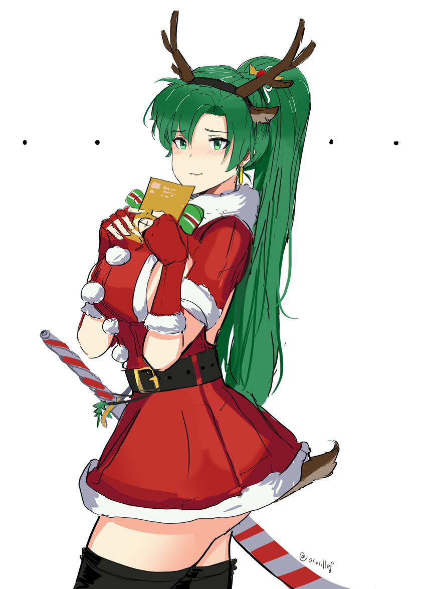 absurdres alternate_costume christmas closed_mouth dress fire_emblem fire_emblem:_rekka_no_ken fire_emblem_heroes green_eyes green_hair hat high_ponytail highres long_hair looking_at_viewer lyndis_(fire_emblem) ormille ponytail red_dress sack santa_costume santa_hat simple_background solo white_background