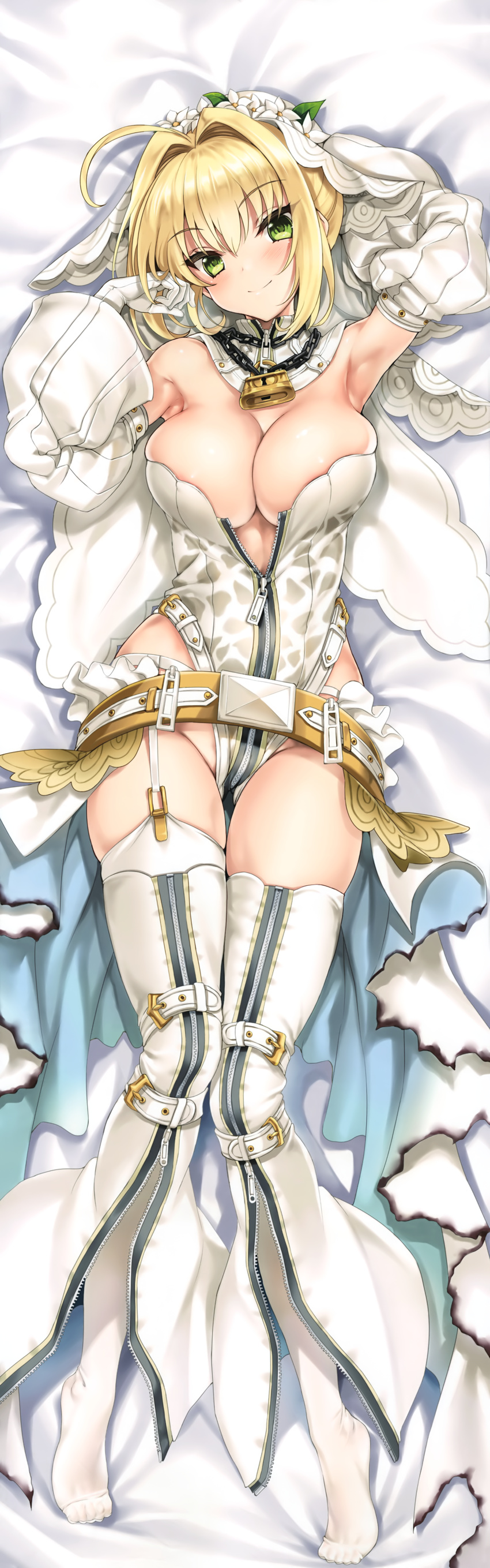 absurdres ahoge areola_slip areolae arm_up armpits belt blonde_hair breasts bursting_breasts cleavage closed_mouth dakimakura detached_collar detached_sleeves elbow_gloves eyebrows_visible_through_hair fate/extra fate/extra_ccc fate_(series) flower full_body garter_belt gloves green_eyes hair_flower hair_intakes hair_ornament highleg highleg_leotard highres huge_filesize kure_masahiro large_breasts leotard lock lying nero_claudius_(bride)_(fate) nero_claudius_(fate)_(all) no_shoes on_back padlock partially_unzipped scan short_hair smile solo thighhighs white_gloves white_legwear white_sleeves zipper
