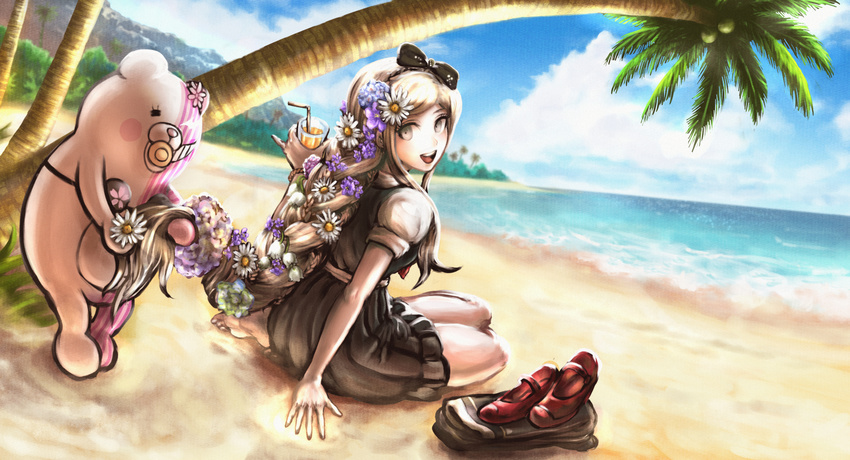 beach blonde_hair blue_eyes bow braid commentary cup danganronpa day dgrp_(minhduc12333) dress drinking_glass flower from_behind graphite_(medium) hair_bow hair_flower hair_ornament highres holding holding_cup komatsuzaki_rui_(style) long_hair looking_back monofunny new_danganronpa_v3 official_style outdoors palm_tree puffy_short_sleeves puffy_sleeves shoes_removed short_sleeves sitting skirt smile sonia_nevermind super_danganronpa_2 traditional_media tree