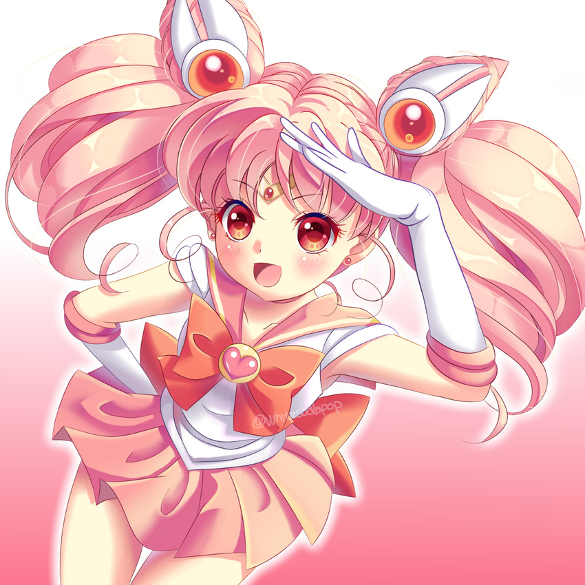 :d bishoujo_senshi_sailor_moon blush bow brooch chibi_usa circlet cowboy_shot double_bun elbow_gloves gloves gradient gradient_background hair_ornament hairpin hand_on_hip highres jewelry looking_at_viewer magical_girl open_mouth pink pink_background pink_hair pink_sailor_collar pink_skirt pleated_skirt red_bow red_eyes sailor_chibi_moon sailor_collar sailor_senshi_uniform short_hair simple_background skirt smile solo thigh_gap twintails white_background white_gloves yupo_(yupo4069)