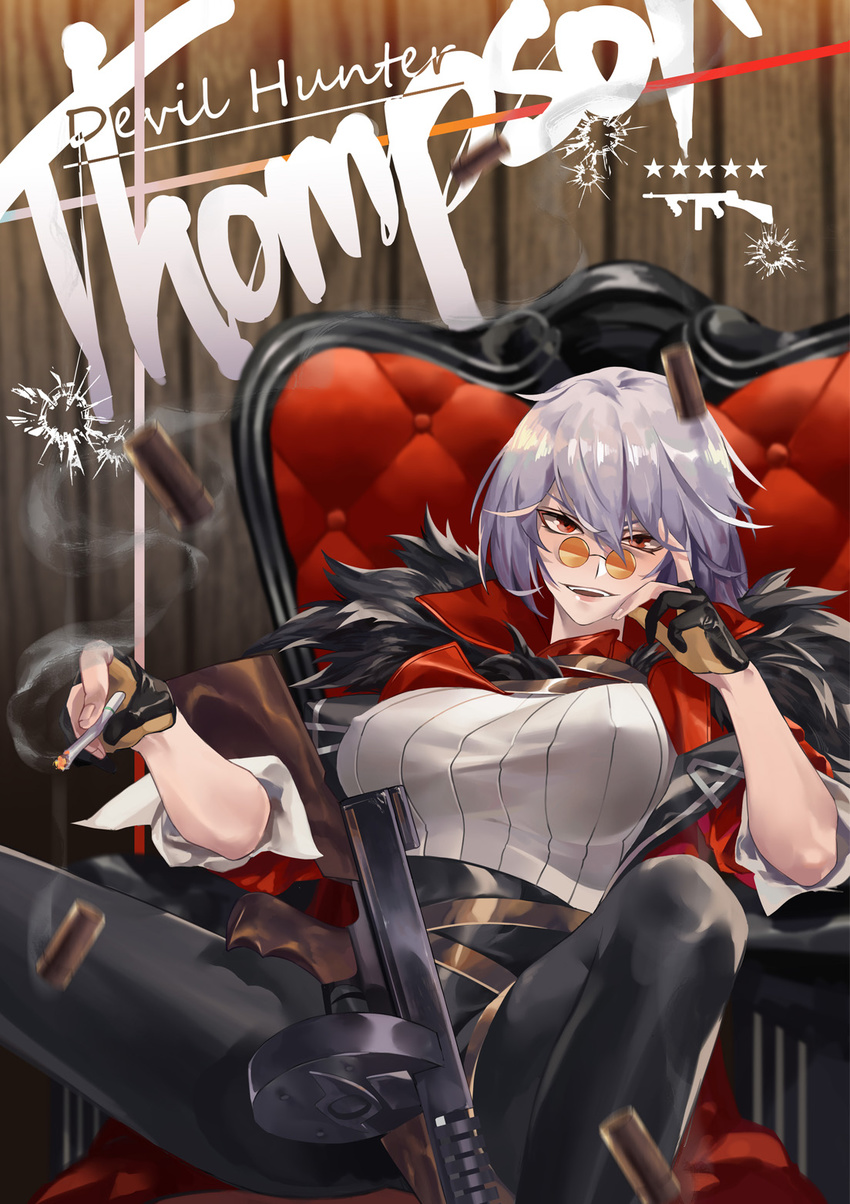 alternate_costume belt black-framed_eyewear black_footwear black_gloves black_pants breasts bullet bullet_hole chair character_name cigarette commentary_request feet_out_of_frame fingers_to_cheek fur_trim girls_frontline gloves gun half-closed_eyes half_gloves high_heels highres holding holding_cigarette jacket jiji_(pixiv10646874) large_breasts legs_apart long_sleeves looking_at_viewer open_clothes open_jacket open_mouth pants partly_fingerless_gloves purple_hair reclining red_eyes red_jacket shell_casing short_hair sitting smile smoke smoke_trail solo star submachine_gun sunglasses teeth thompson_submachine_gun_(girls_frontline) tsurime weapon